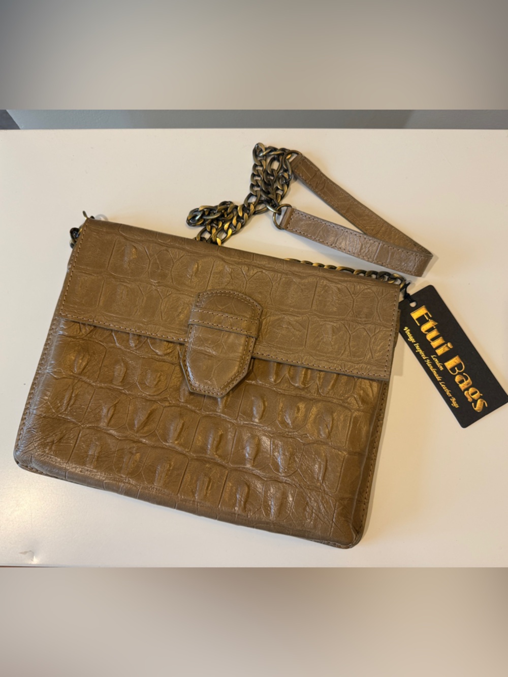 Etui Bags Taupe Croc-Embossed Crossbody Bag with Chain Strap NWT